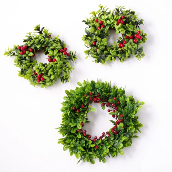 Holiday Boxwood and Red Berry Mini Wreath Candle Ring Centerpiece