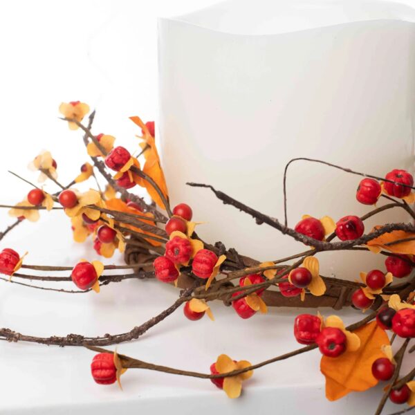 Close-up of blooms and berries on this Bittersweet Autumn Leaf and Berry Mini Candle Wreath