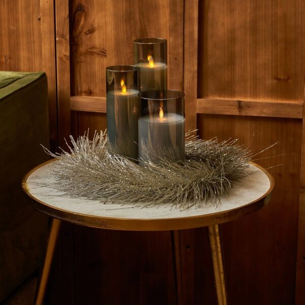 Shimmering Silver Glitter Tinsel Pine Holiday Décor Accent Mini Candle Wreath Centerpiece