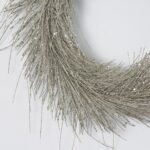 Close-up of blooms and berries on this Shimmering Silver Glitter Tinsel Pine Mini Candle Wreath