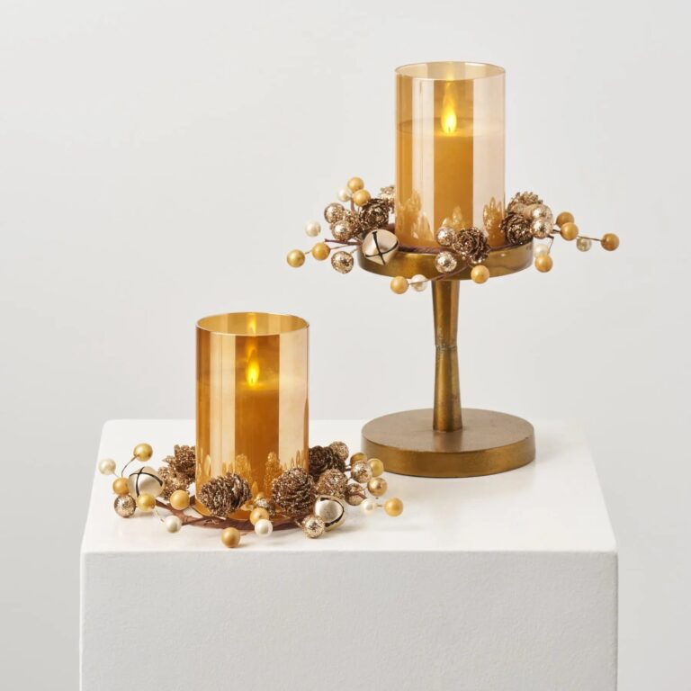 Mini Christmas Glitter Pinecone and Champagne Jingle Bell Candle Ring Centerpiece Mini Wreath