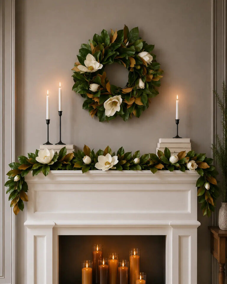 Close-up of blooms and berries on this Classic Real Touch White Magnolia Front Door Wreath