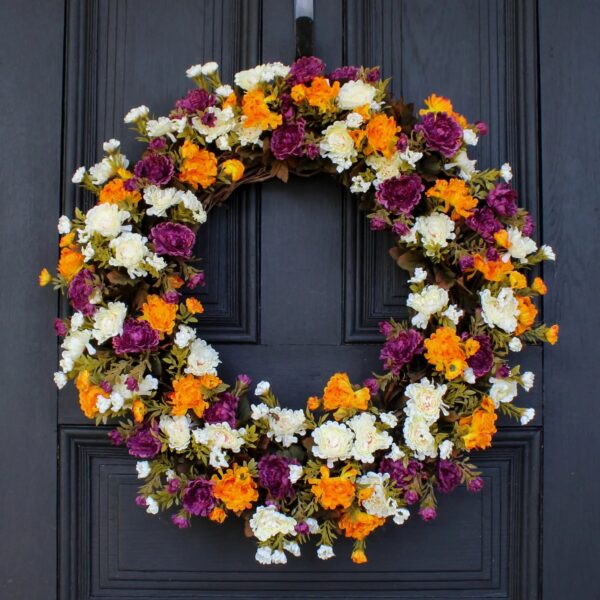 Mini Mum Gold, Purple, and Ivory Front Door Fall Floral Autumn Wreath