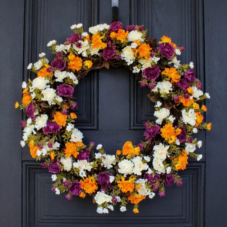 Mini Mum Gold, Purple, and Ivory Front Door Fall Floral Autumn Wreath