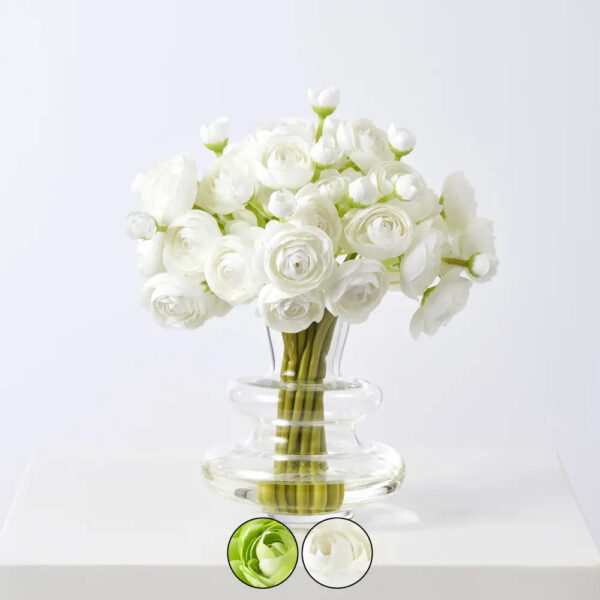 Mini Ranunculus Blooms In Modern Style Tiered Vase Everyday Water Illusion Arrangement - Available In