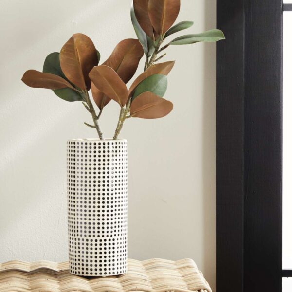 Close-up of vase silhouette detail on this Handmade White and Black Dotted Ceramic Cylinder Vase