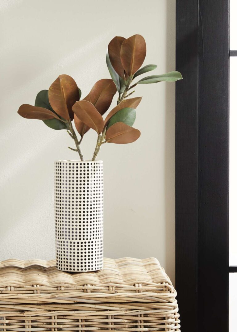 Close-up of vase silhouette detail on this Handmade White and Black Dotted Ceramic Cylinder Vase