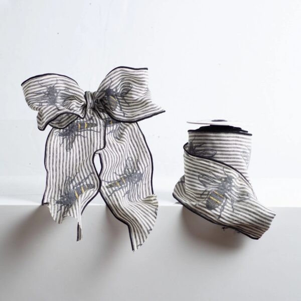 D. Stevens Linen Stripe Bee Hand Tied Bow and Spool of Ribbon