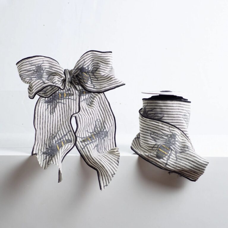 D. Stevens Linen Stripe Bee Hand Tied Bow and Spool of Ribbon