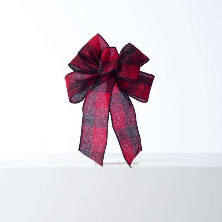 Close-up of blooms and berries on this Red and Black Glitter Plaid Ribbon