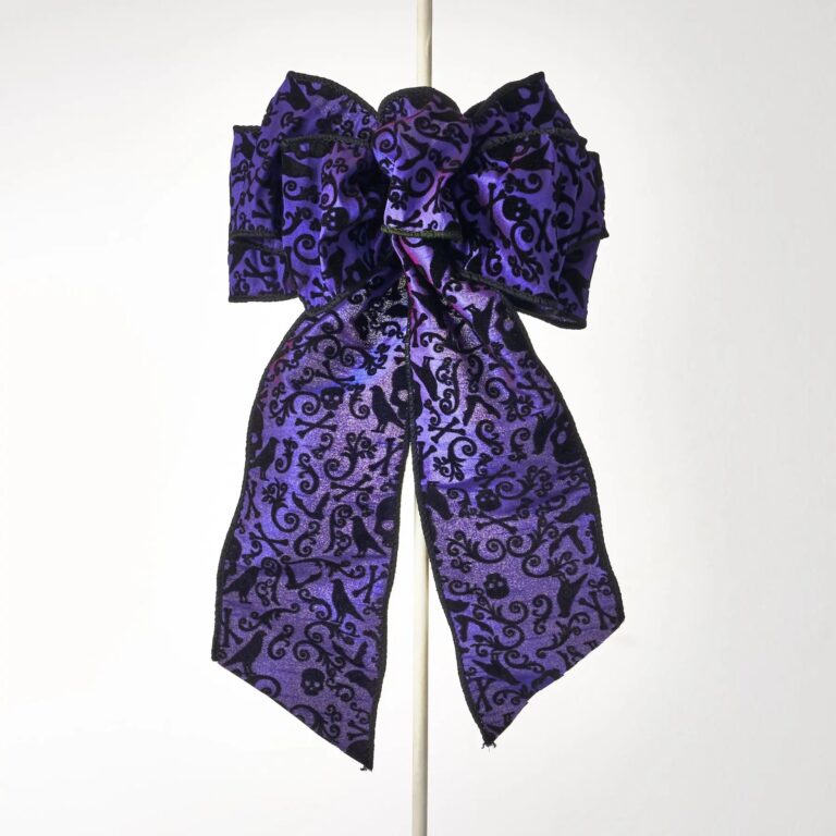 Purple and Black Vampire Bat Dupion Flocked Halloween Wired Bow or Spool of Ribbon