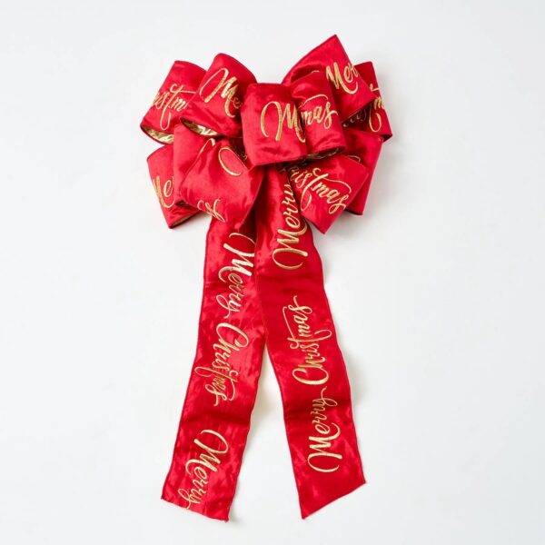 Extra Large Red and Gold Dupion Merry Christmas Embroidered Center Loop Bow - Christmas Red