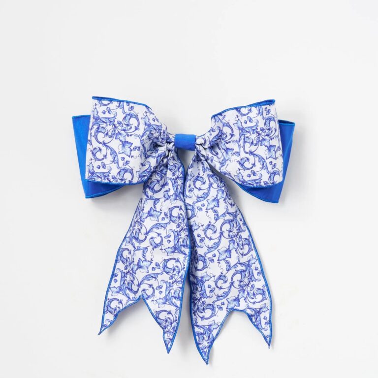 Blue and White Taffeta Acanthus Scroll Chinoiserie Bow with Tail - Blue and White