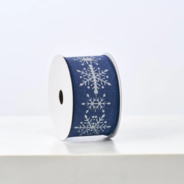 Navy Blue Wired Ribbon with Silver Snowflakes - 10 Yard Spool