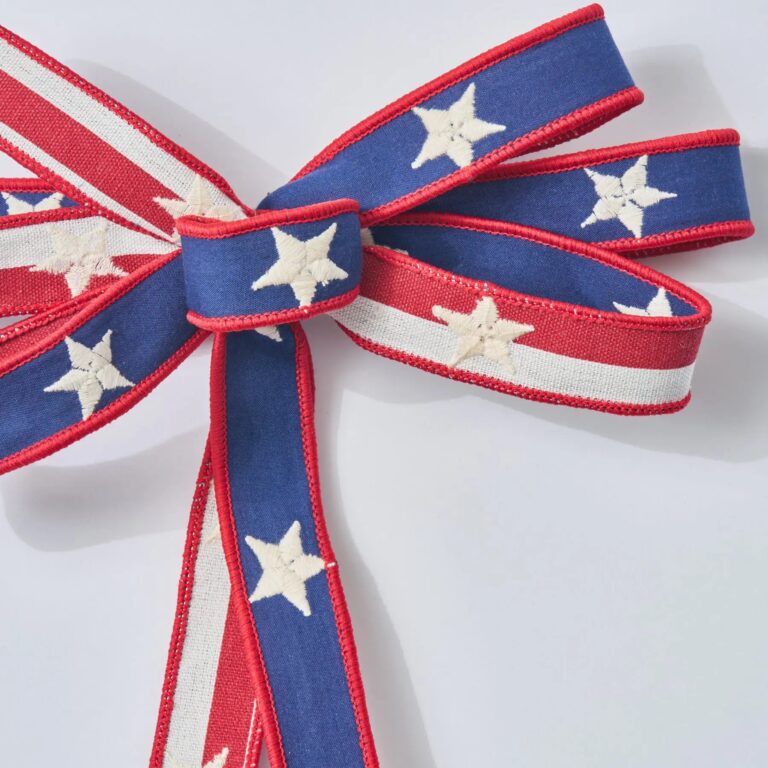 Close-up of blooms and berries on this Skinny Americana Red, White Tied Bow