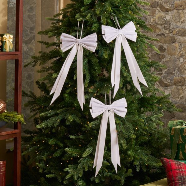 Elegant Snow White Velvet Double Tailed Holiday Christmas Bow - Set of 3 - Snow