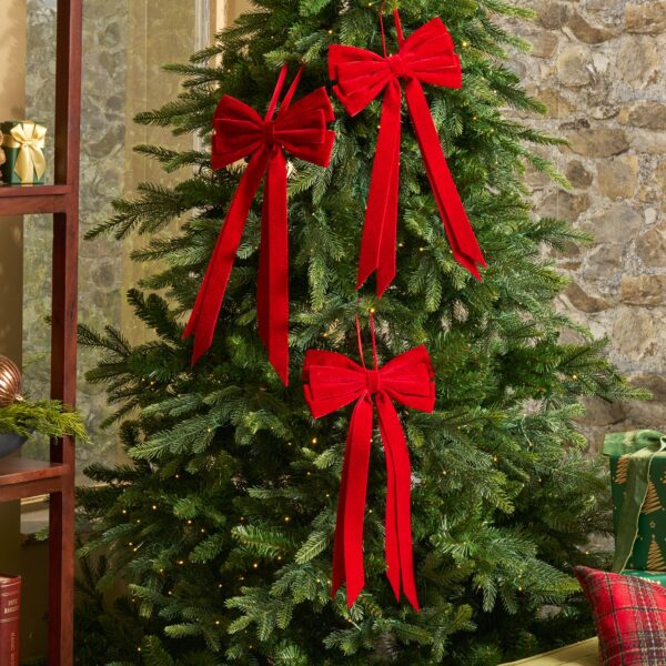 Elegant Christmas Red Velvet Double Tailed Holiday Christmas Bow - Set of 3 - Red