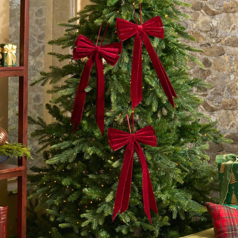 Close-up of blooms and berries on this Elegant Deep Burgundy Velvet Double Holiday Christmas Bow