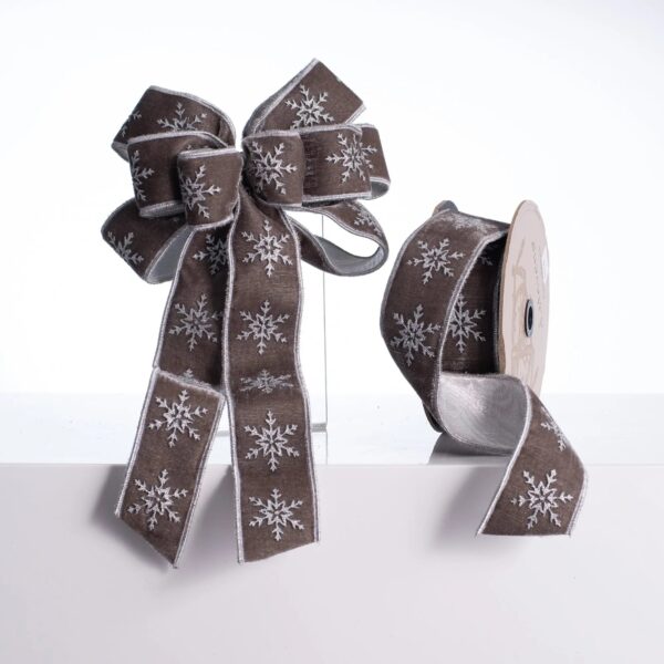 D. Stevens Grey and Silver Glitter Snowflake Velvet Holiday Wired Bow and Spool of Ribbon