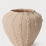 Textured Round Ceramic Argos Vase in Matte Sand Hue - 11.75 inch Tall
