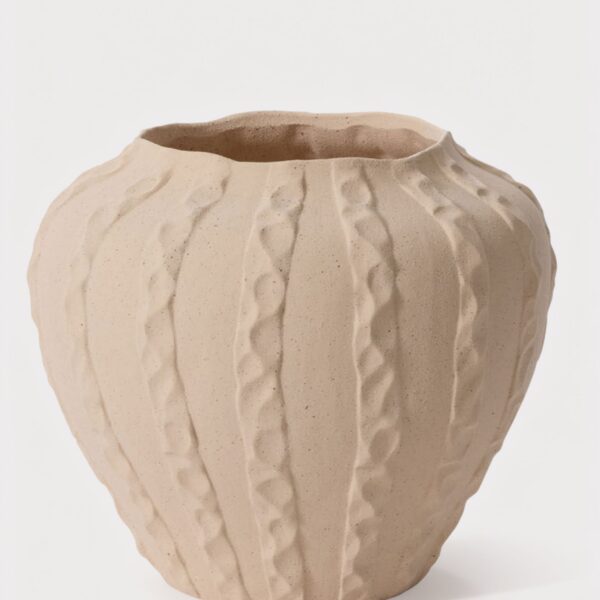 Textured Round Ceramic Argos Vase in Matte Sand Hue - 11.75 inch Tall