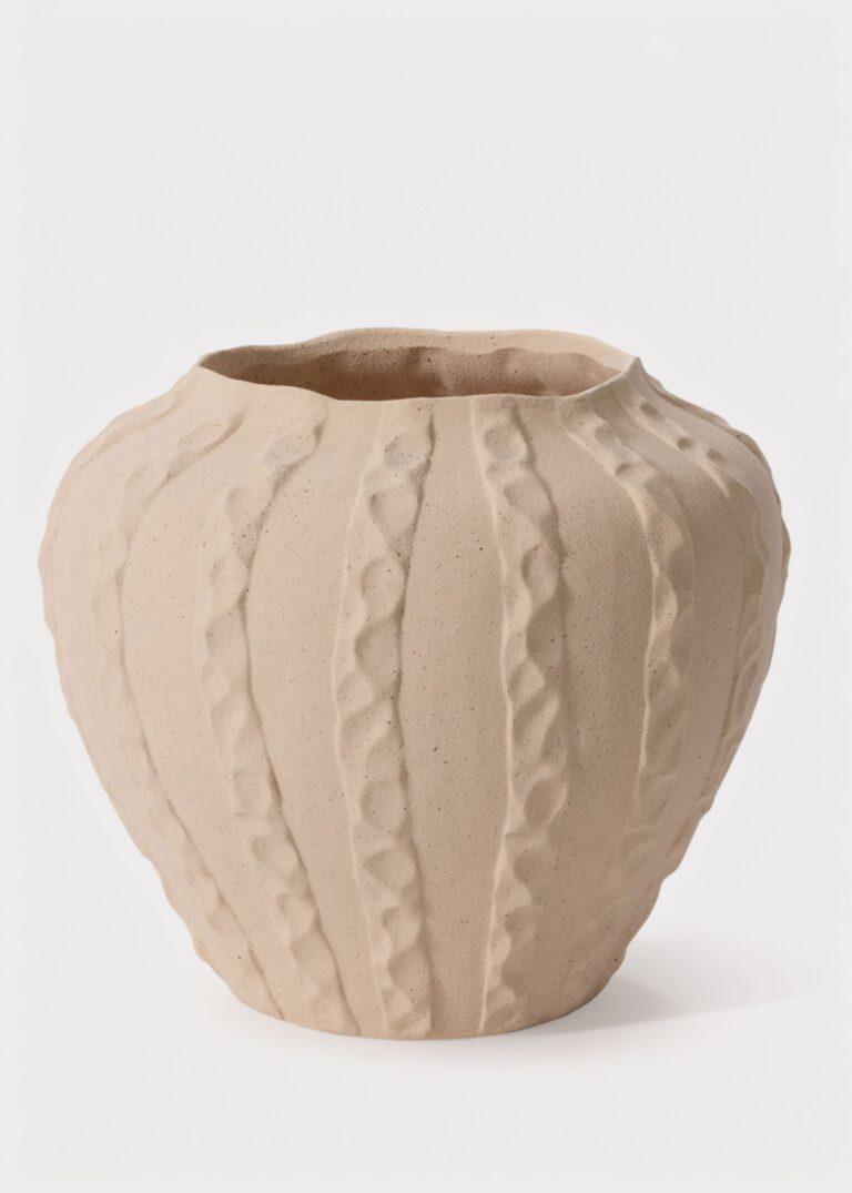 Textured Round Ceramic Argos Vase in Matte Sand Hue - 11.75 inch Tall