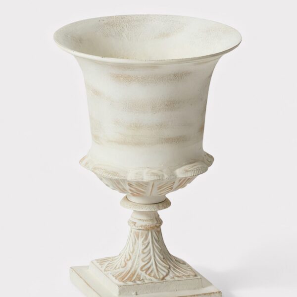 Distressed Metal Urn Vase in Warm White - 14.5 inch Tall