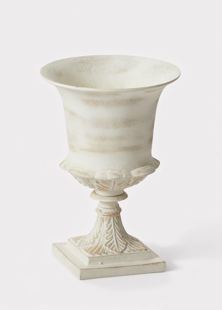 Distressed Metal Urn Vase in Warm White - 14.5 inch Tall