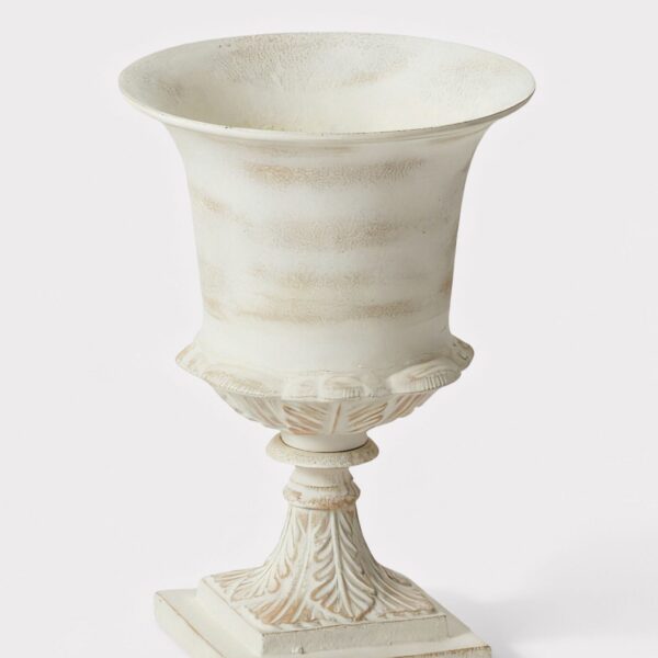 Distressed Metal Urn Vase in Warm White - 14.5 inch Tall