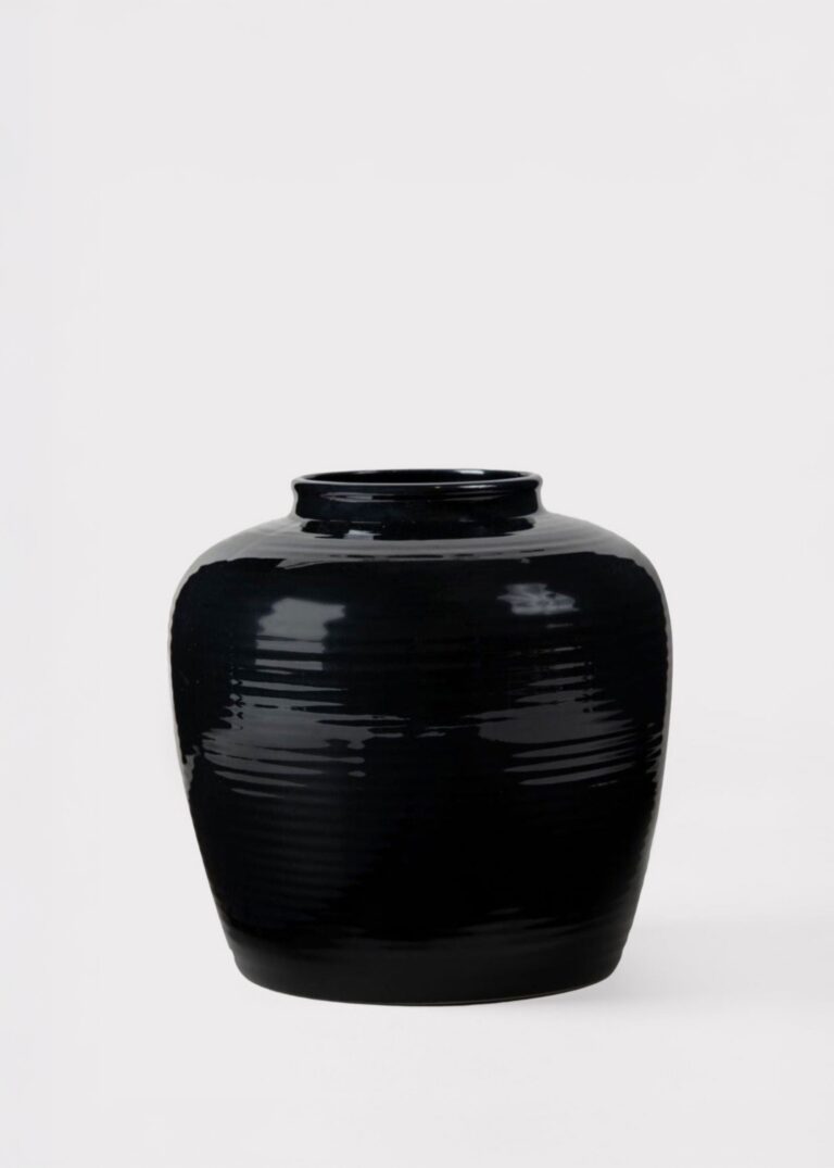 Glazed Ribbed Stoneware Table Vase in Noir - 8 inch Tall