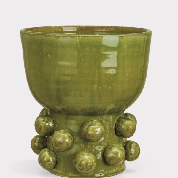 Handmade Terra Cotta Hobnail Footed Vase in Glazed Green - 12.25 inch Tall