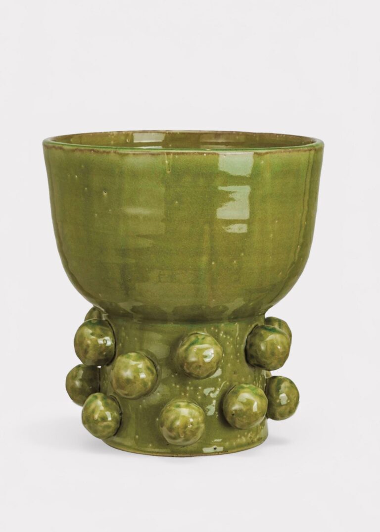 Handmade Terra Cotta Hobnail Footed Vase in Glazed Green - 12.25 inch Tall