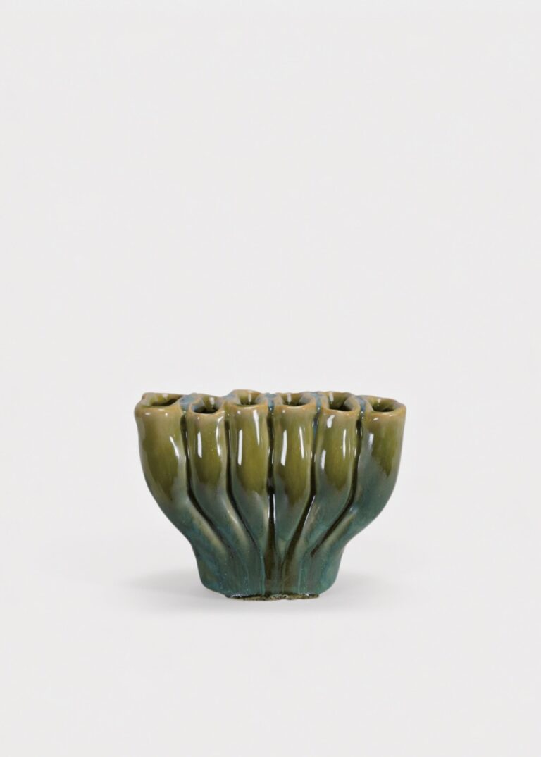 Small Sculptural Stoneware Sectioned Vase in Green Glaze - 3 inch Tall
