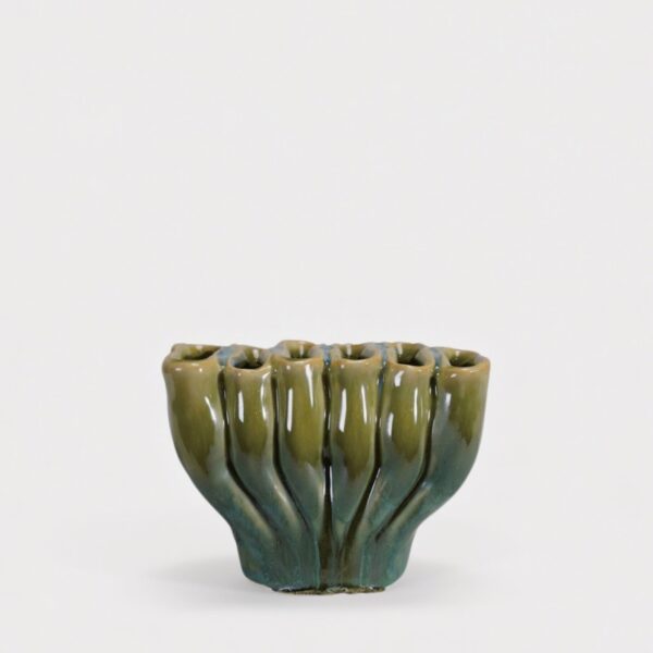 Small Sculptural Stoneware Sectioned Vase in Green Glaze - 3 inch Tall