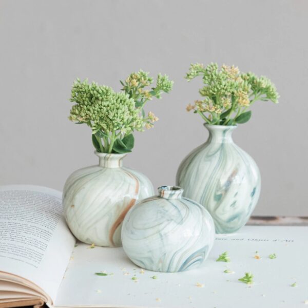 Close-up of vase silhouette detail on this Small Set of 3 Marbled Glazed Bud Vases