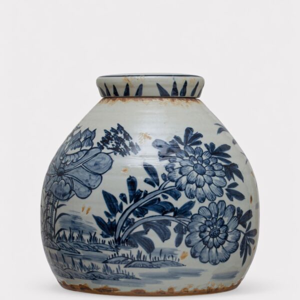 Hand - Painted Blue and White Stoneware Ginger Jar Vase - 11 inch Tall