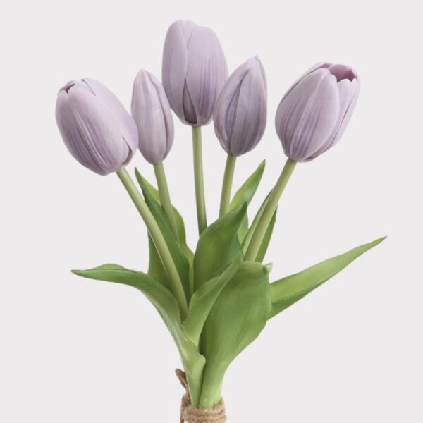 Artificial Flower Bundle of 5 Lavender Real Touch Tulips - 10 inch, faux flower stems