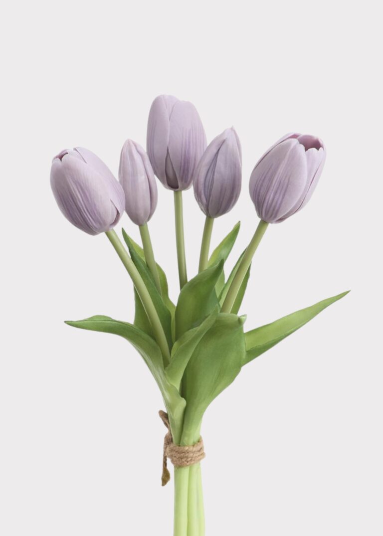 Artificial Flower Bundle of 5 Lavender Real Touch Tulips - 10 inch, faux flower stems