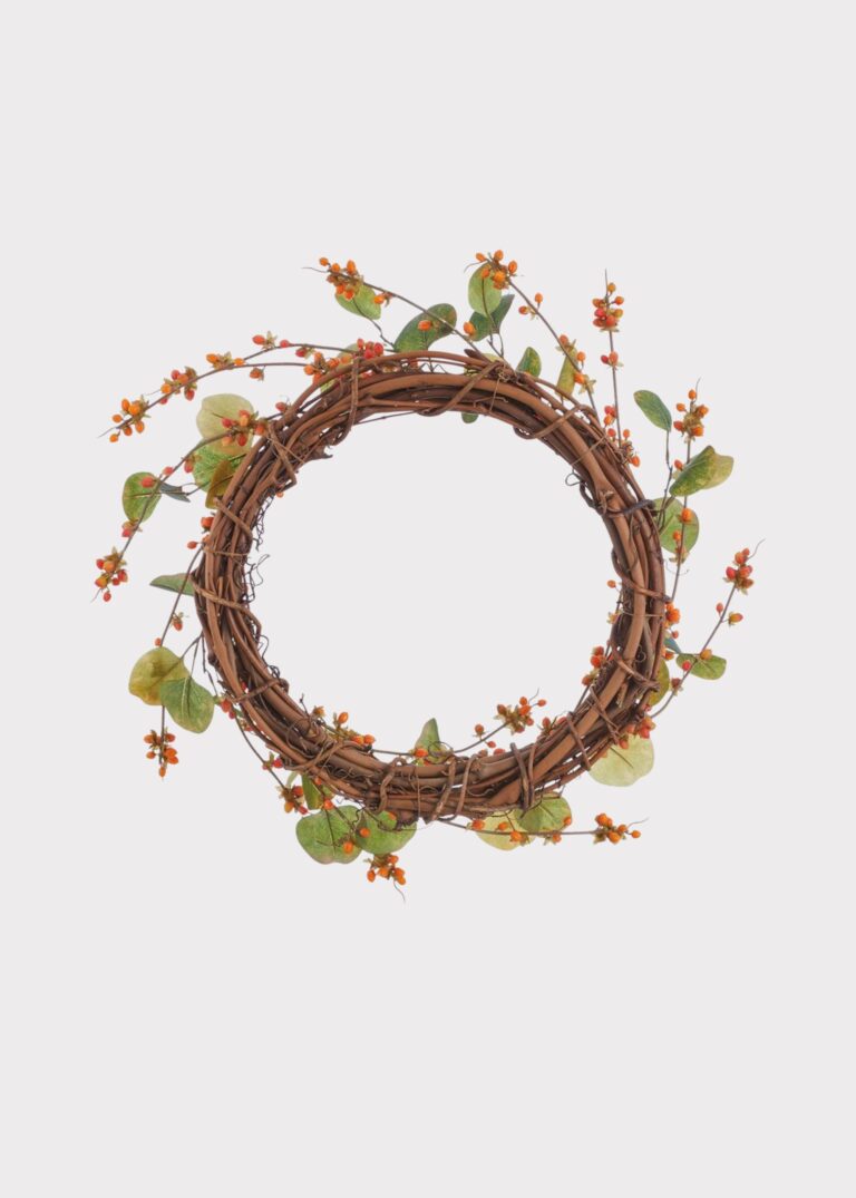 Close-up of blooms and berries on this Autumn Orange Bittersweet Fake Fall Fall Floral Wreath