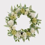 Cream Green Fake Snowball and Mum Flower Wreath with Sedum - 24 inch