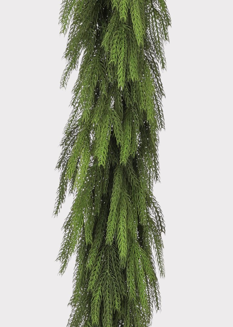 Close-up of greenery along the garland on this Real Touch Norfolk Pine Deluxe Forest