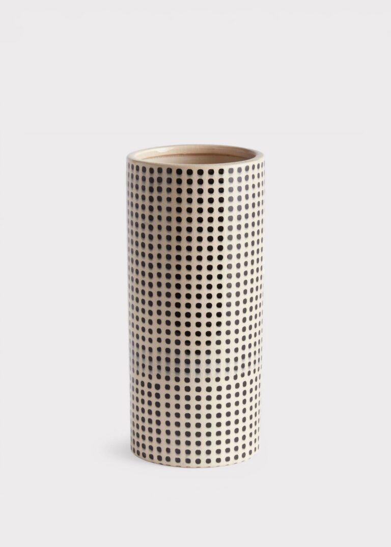 Handmade White and Black Dotted Ceramic Cylinder Vase - 11.25 inch Tall