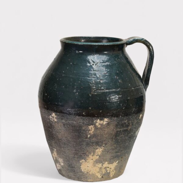 Distressed Terra Cotta Pitcher Vase in Blue Glaze - 11.25 inch Tall