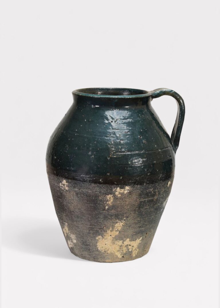 Distressed Terra Cotta Pitcher Vase in Blue Glaze - 11.25 inch Tall