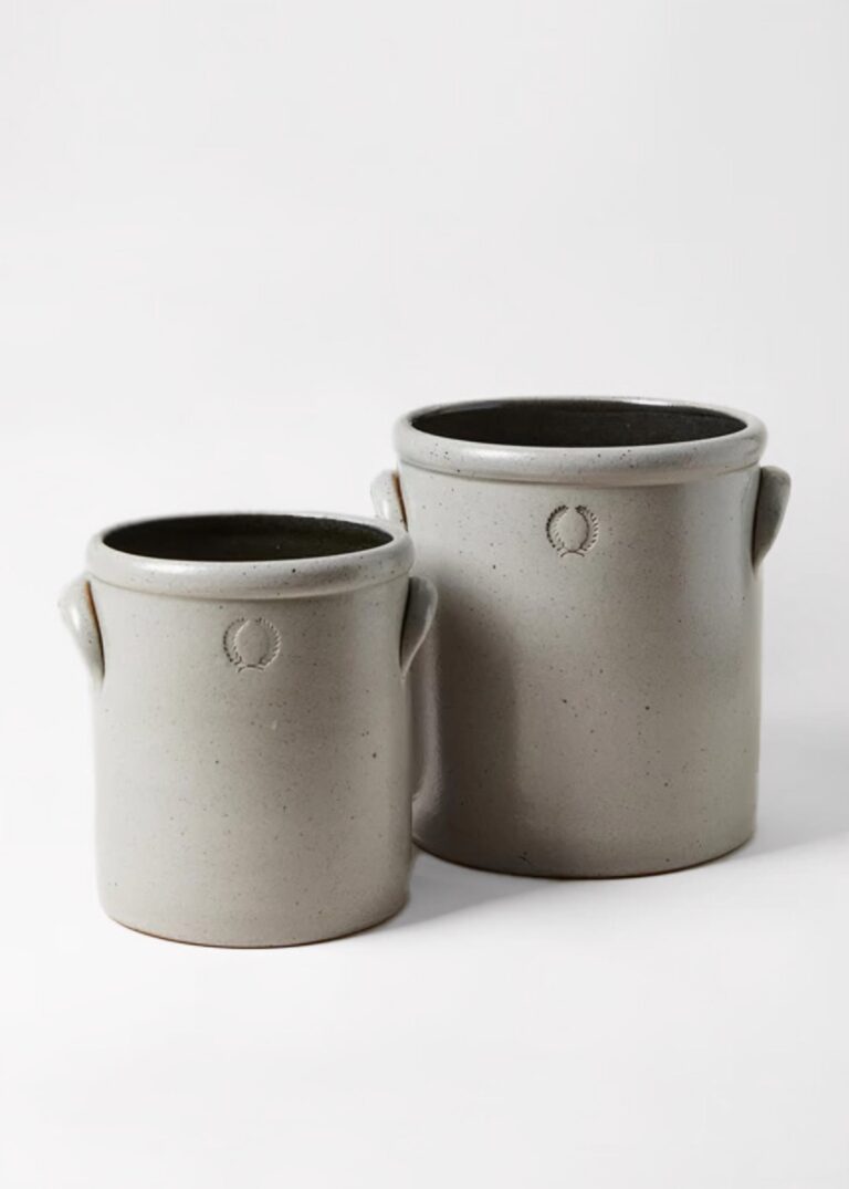 Close-up of vase silhouette detail on this Farmhouse Pottery Stoneware Crock in Grey Glaze