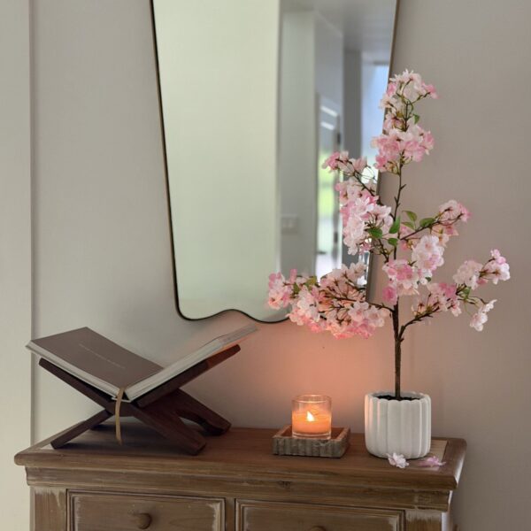 Close-up of leaf foliage texture on this Pink Artificial Cherry Blossom Tree Tree Potted Arrangement