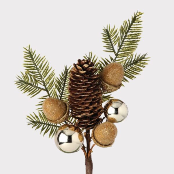 Fake Hemlock Pine Cone and Gold Beaded Acorn Holiday Pick - 10 inch