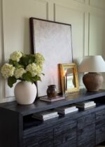 Alternate angle of the Large Cream Green Hydrangea Bailey Cream Vase Design showing bloom arrangement