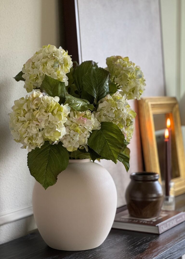 Close-up of vase silhouette detail on this Large Cream Green Hydrangea Bailey Cream Vase Design