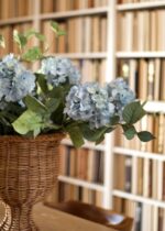 Detail view of full decorative shape from the Light Blue Hydrangea Basket Tabletop Design